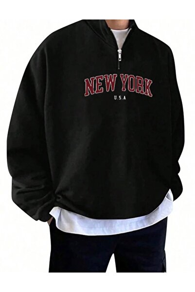 trendgar Black New York Printed Stand Collar Half Zipper Sweatshirt