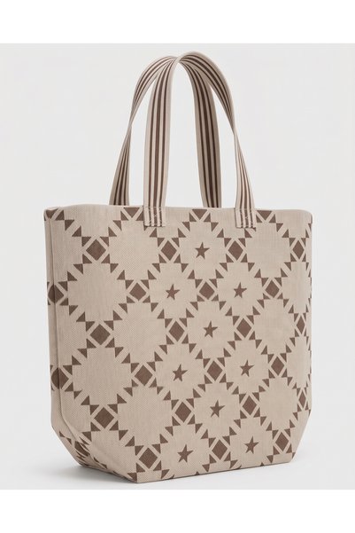 Qoolest Kadın Geometrik Desenli Büyük Boy Shopper Omuz Çantası Çizgili Saplı ...