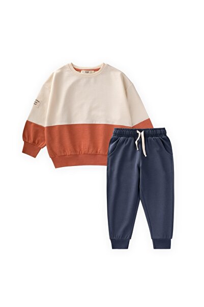 Cigit Garnili Sweatshirt Takım 2-8 Yaş Ekru Lacivert