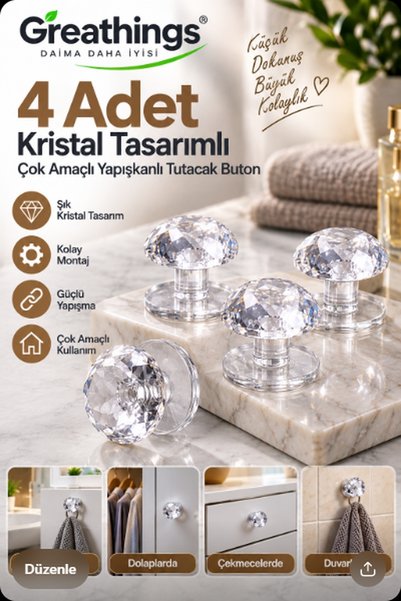 Greathings 4 Adet 20 mm Şeffaf Kristal Yapışkanlı Tutacak Kulp Klozet Dolap Ç...