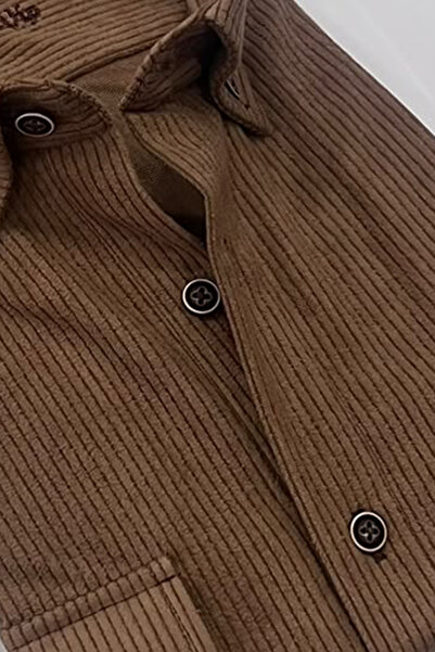 Varetta Men's Cinnamon Brown Corduroy Shirt Lycra Corduroy Double Pocket Long Sleeve Jacket Shirt