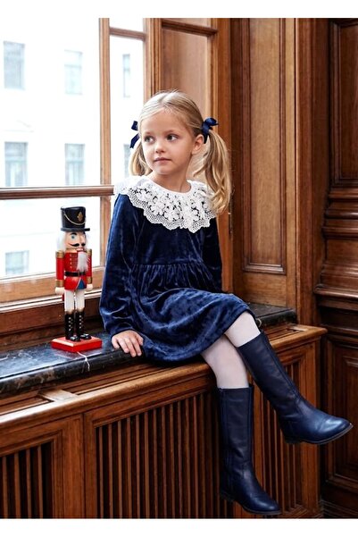 Ozmoz By Mukadder Özden Lace Collar Soft Navy Blue Velvet Little Girl's Dress