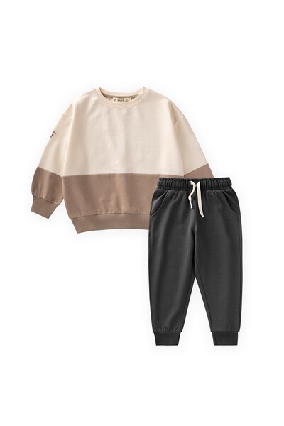 Cigit Garnili Sweatshirt Takım 2-8 Yaş Ekru Antrasit