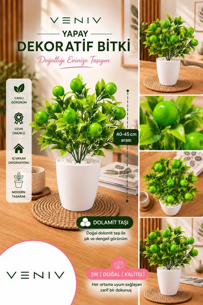 VENİV Yapay Yeşil Elma Meyveli Dekoratif Bitki – 40-45 cm – Dolomit Taşlı Saksı