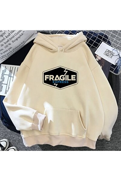 Vordevia Hanorac oversize din bumbac imprimat Fragile, cu 3 fire, tip șardon.