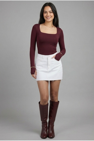 RESİVA BUTİK Kadın Bordo Kare Yaka Uzun Kollu Slim Fit Parmak Geçmeli Manşet ...