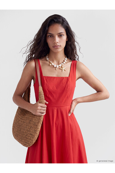 LC Waikiki Two Mt Shop Quality Xside Red Plain Narrow & Slim Square Neck Midi...