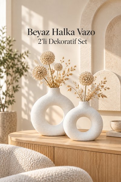 fao shop 7/24 İskandinav Bohem Vazo Seti 2’li Beyaz Halka Formlu Pampas ve Ku...