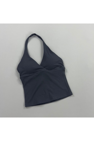 Choice M Black Women Halter Cropped Tank Top V‑Neck Built‑in Padded Bra Sleev...