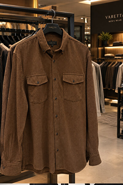 Varetta Men's Cinnamon Brown Corduroy Shirt Lycra Corduroy Double Pocket Long...