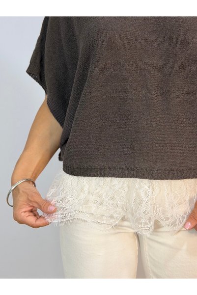 SİSTA MODA 1025 Lace Trim at Hem, Crew Neck, Oversize, Mercerized Blouse