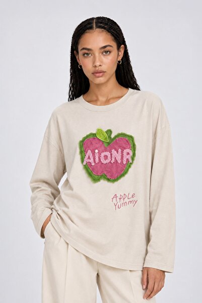 Levidor Cotton sweatshirt with text detail in beige