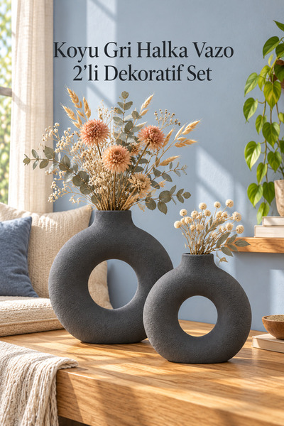 fao shop 7/24 Dekoratif Vazo Seti 2’li Gri Modern Oval Halka TV Ünitesi Konso...