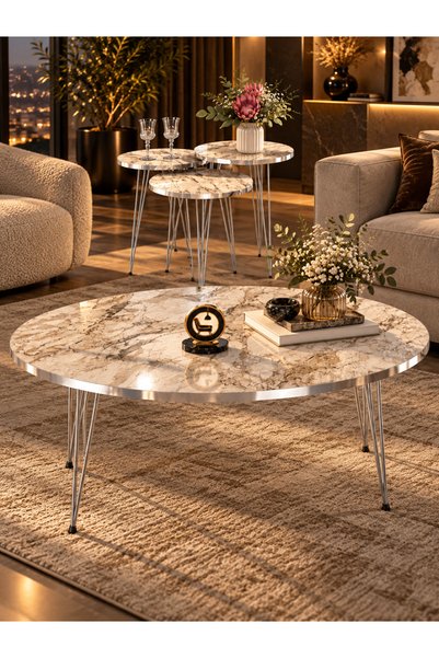 Odera Gümüş Efes Beyaz Mermer Desen Oval Orta Sehpa ve 3’lü Yuvarlak Zigon Se...