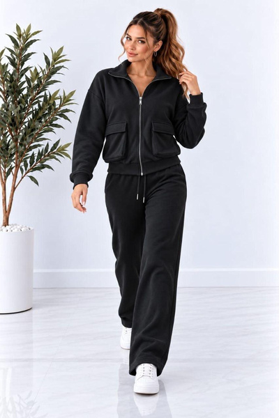 Focus Light Women's Zipper Pocket Jacket and Wide Leg Pants Two-Piece Tracksu...