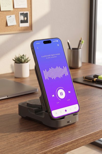 Prozone Bluetooth Hoparlörlü Telefon Tutucu - BT 5.3 Hissetme Modlu Kablosuz Ayarlanabilir Masaüstü Stant Type-C Şarjlı