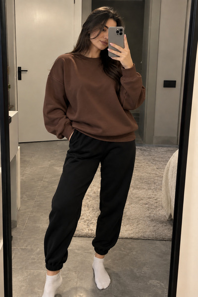 Revasser Unisex Kadın/Erkek Renkli Düz Kışlık Takım Bisiklet Yaka Sweatshirt-...
