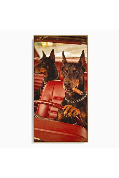 Luxcanva Tablou Canvas Dobermani In Masina 50x100 cm cu Rama Auriu Caini Auto...
