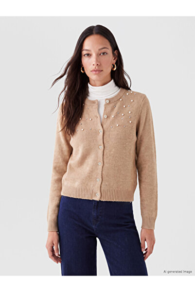 LC Waikiki Crew Neck Pearl Embroidered Women's Knitwear Cardigan