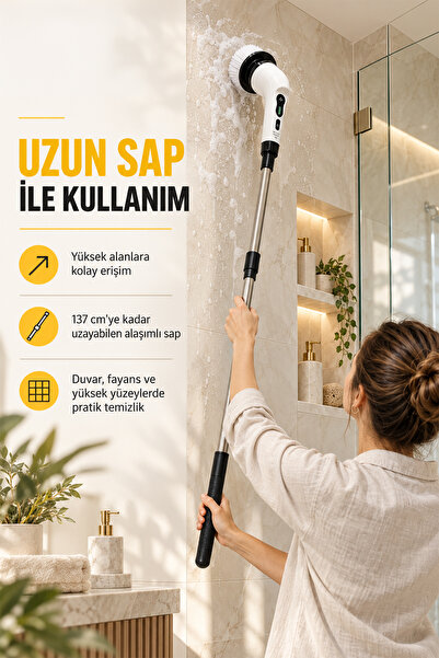Miss Clean Elektrikli Döner Temizleme Fırçası 8 Başlıklı Şarjlı Kablosuz Uzatılabilir Saplı Çok Amaçlı Temizlik Seti