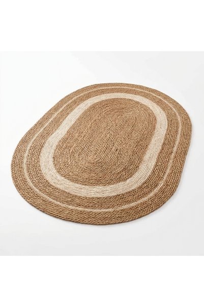 Generic Brand Oval Natural Jute Area Rug, Hand Braided Striped Woven Floor Ma...