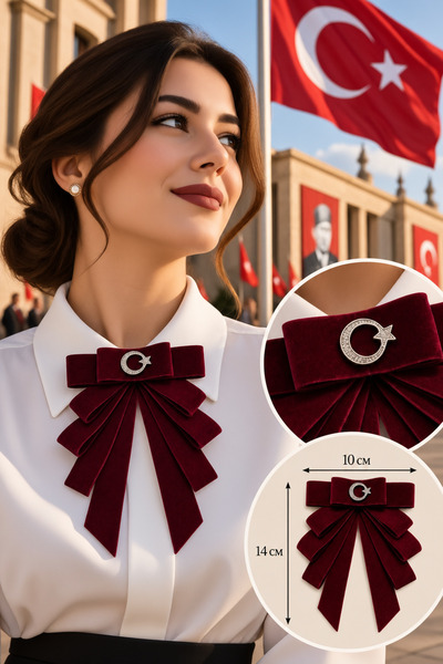WOWMOM Ay Yıldız Detaylı Kadife Fiyonk Broş – 10 x 14 cm Şık Yaka Aksesuarı