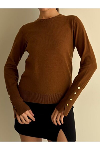 LE CARAMBOLE Kadın Kırmızı Kol Düğme Detaylı Basic Triko Kazak