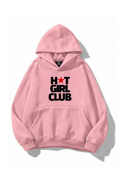 Gofeel Hot Girl Club Print Detailed Oversize Pink Hoodie