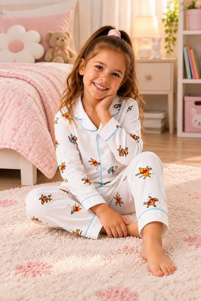 Novella18 Kız ve Erkek Çocuk Karakter Desenli Pamuklu Düğmeli Pijama Takımı