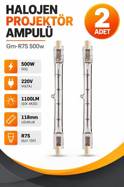 DepoTronik R7S Halojen Projektör Ampulü 500W 220V 118mm 1100LM GM-R7S 2 Adet
