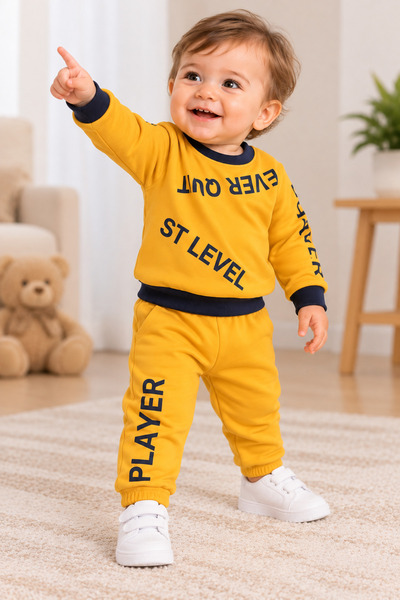 SERPİL Baby Boy Yellow Printed 2-Piece Tracksuit Set Sweatshirt Tracksuit Set