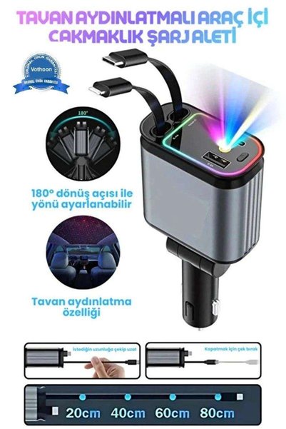 Mudanis Led Işık Tavan Aydınlatmalı 66w 4’1 Çift Kablolu Hızlı Şarj 3.4a Araç İçi Çakmaklık Şarj Aleti