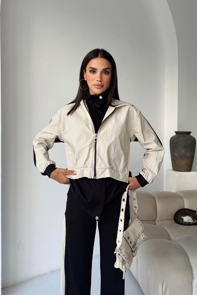 Focus Light Women's Hooded Long Coat Crop Jacket and Striped Wide Leg Pants 3...
