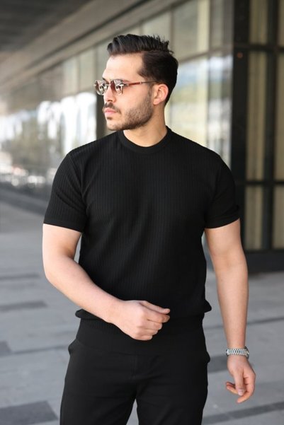 Modazun تي شيرت رجالي من التريكو ذو ياقة دائرية ونسيج قرص العسل وأكمام قصيرة