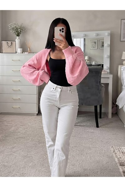 FLEX FASHION Women's Street Fashion Acrylic Crop Knitwear Cardigan Pink