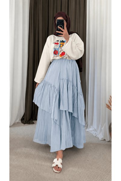 Hepsi Moda Pieced Crinkle Voile Skirt - 4254 - Sg - Baby Blue