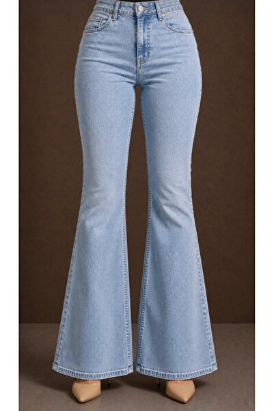 MAKRAS EXCLUSIVE Almira Women's Blue Snow Wash Spanish Flare High Waist Lycra...