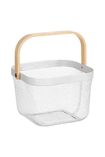 OEM Coș din plasă metalică 24.5x18cm cu mâner din lemn - Crem