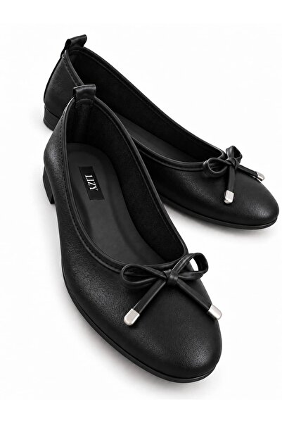 Lizy Shoes Γυναικεία μαύρα παπούτσια μπαλαρίνας από γνήσιο δέρμα με λεπτομέρε...