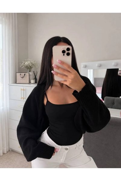 FLEX FASHION Women's Street Fashion Acrylic Crop Knitwear Cardigan Black