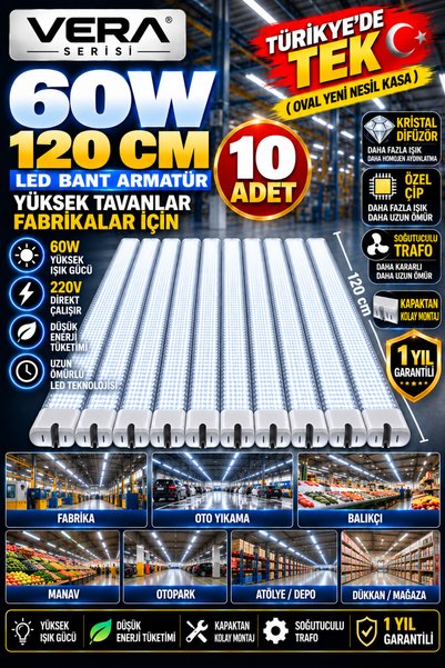 LED PAZARI 10 ADET 60W 120 CM VERA SERİSİ LED BANT ARMATÜR – YÜKSEK BEYAZ IŞI...