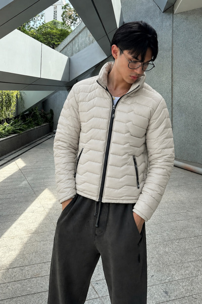 comstar Men's Stand Collar Quilted Seasonal Cream Puffer Coat