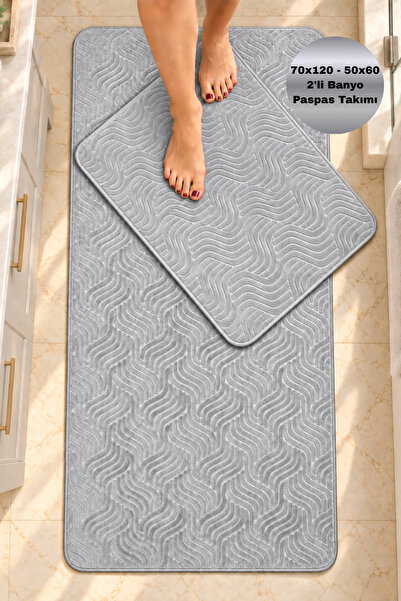 Bestekar Σετ χαλάκι μπάνιου Mirena Grey 2 τεμαχίων 70x120 50x60 με αντιολισθη...