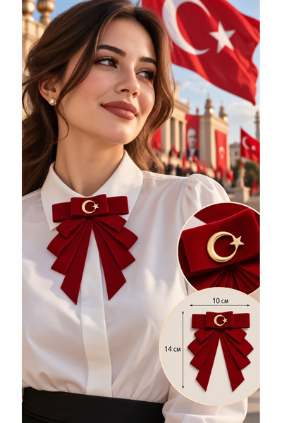 WOWMOM Ay Yıldız Detaylı Kadife Fiyonk Broş – 10 x 14 cm Şık Yaka Aksesuarı