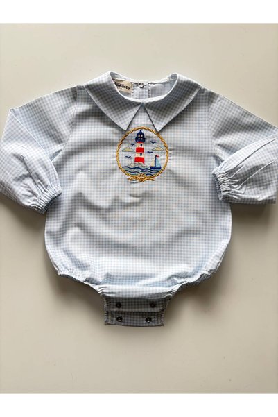 il mio bambino El Yapımı %100 Pamuklu Poplin Kumaş Deniz Feneri Nakış İşlemel...