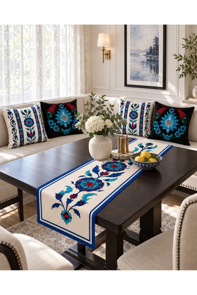 HOMESSA Blue Red Tile Authentic Floral 4-Piece Throw Pillow Cover Runner Set