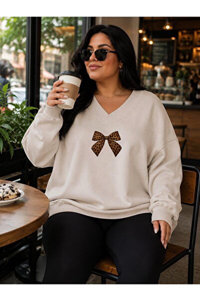 BENROMA 3 Yarn Combed Cotton Plus Size Ribbon Printed V-Neck Sweatshirt Aow3