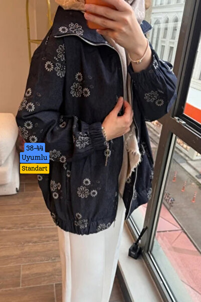 Balenbi Women's Floral Patterned Zippered Oversize Jean Bomber Jacket 380 Nav...
