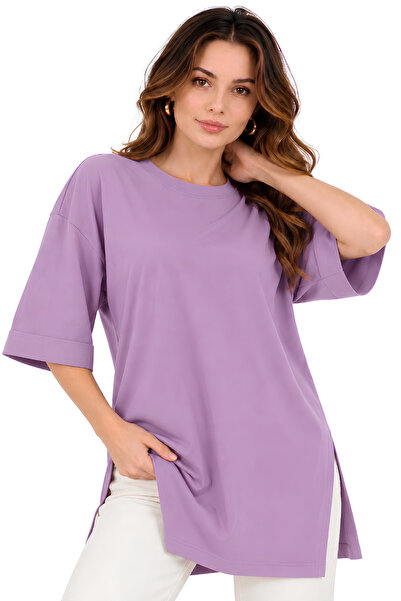 MOVİMENT Women's Standard Size Double Sleeve Tile Color T-Shirt with Side Slits