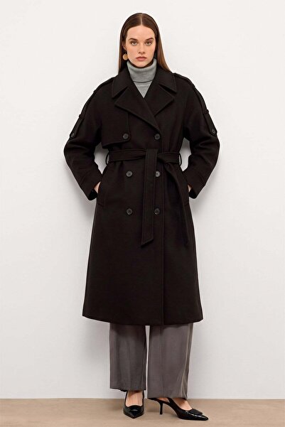 Olcay Oversize Coat with Epaulet and Cape Detail Black 3200